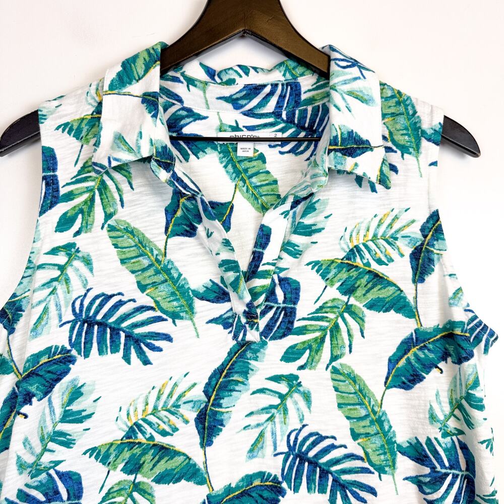 Chico’s Island Slub Sleeveless Collared Tunic Top Leaves White Blue - 2 US L - Picture 2 of 8